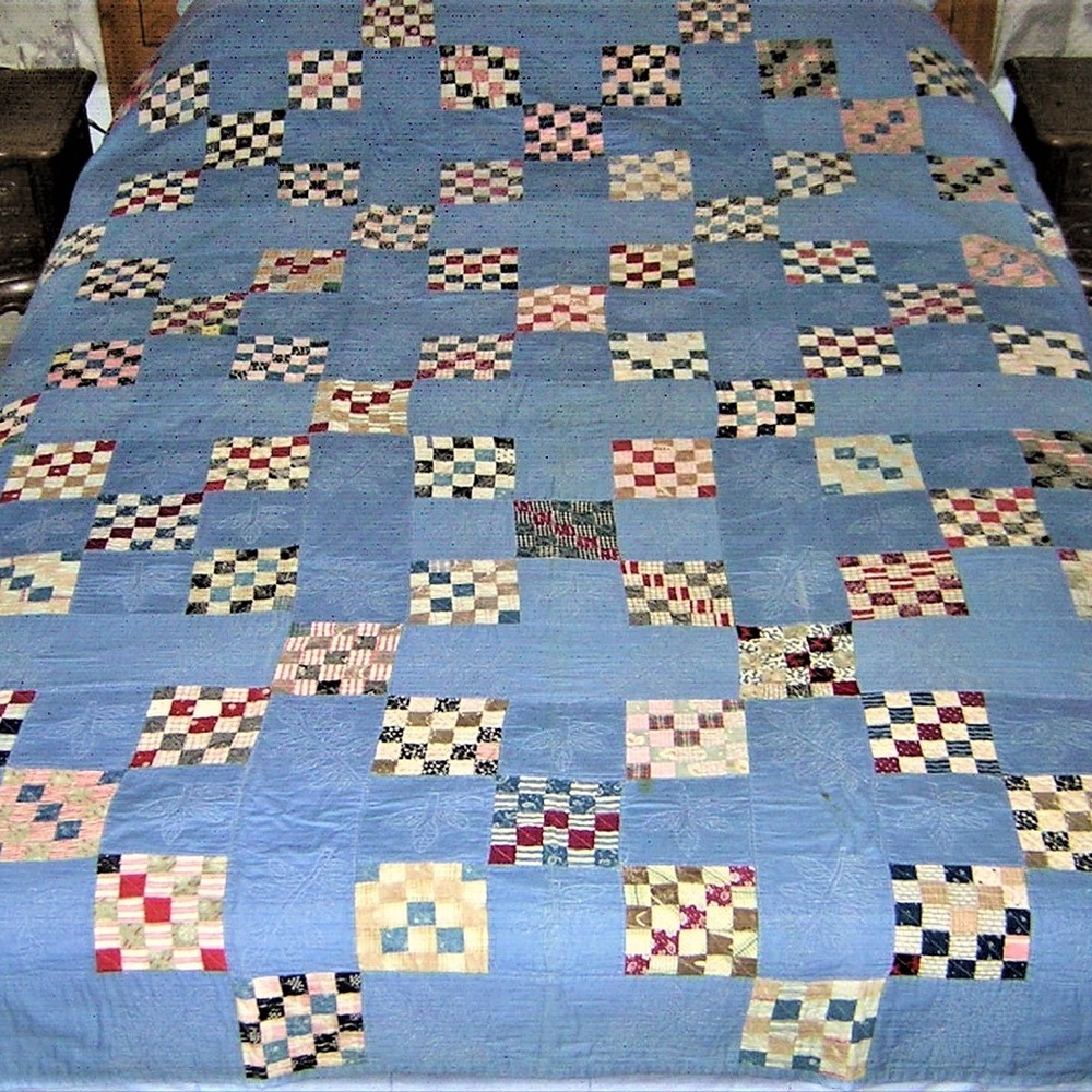Antique cotton 25 Patch blue, patchwork and embroidered quilt